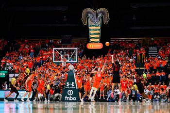 Feb 21, 2026; Fort Collins, Colorado, USA; San Diego State Aztecs guard Miles Byrd (21) attempts a shot as Colorado State Rams forward Jevin Muniz (55) defends in the second half at Moby Arena. Mandatory Credit: Isaiah J. Downing-Imagn Images