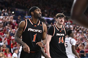 Feb 21, 2026; Spokane, Washington, USA; Pacific Tigers guard Justin Rochelin (1) reacts after a play against the Gonzaga Bulldogs in the second half at McCarthey Athletic Center. Gonzaga Bulldogs won 71-62. Mandatory Credit: James Snook-Imagn Images