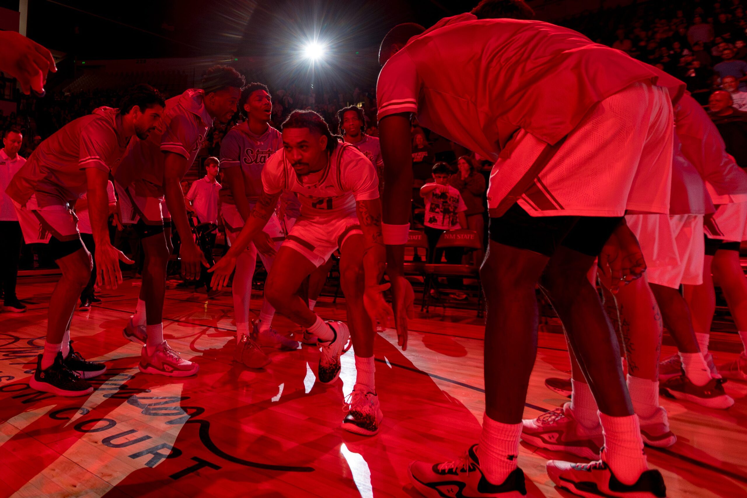 NMSU’s Jemel Jones (21) is introduced before a game against UTEP at the Pan American Center in Las Cruces, New Mexico, on Saturday, Feb. 21, 2026.