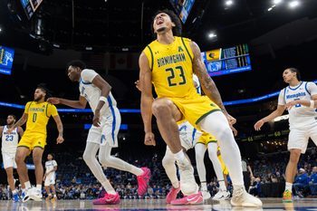 Feb 22, 2026; Memphis, Tennessee, USA; UAB Blazers forward Daniel Rivera (23) reacts after a dunk against the Memphis Tigers during the second half at FedExForum. Mandatory Credit: Wesley Hale-Imagn Images