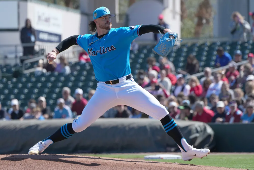 Feb 24, 2026; Jupiter, Florida, USA; Miami Marlins pitcher Chris Paddack (33) pitches in the first inning against the Philadelphia Phillies at Roger Dean Chevrolet Stadium. Mandatory Credit: Jim Rassol-Imagn Images