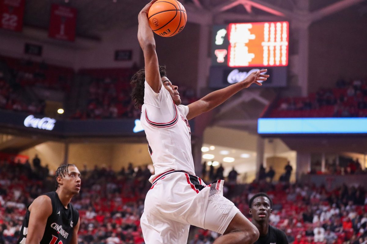 Texas Tech's Christian Anderson rises for a dunk against Cincinnati during a Big 12 Conference men's basketball game, Tuesday, Feb. 24, 2026, in United Supermarkets Arena.