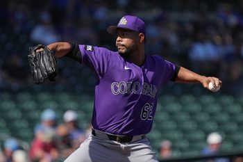 Feb 25, 2026; Mesa, Arizona, USA; Colorado Rockies pitcher Jose Quintana (62) throws against the Chicago Cubs in the first inning at Sloan Park. Mandatory Credit: Rick Scuteri-Imagn Images