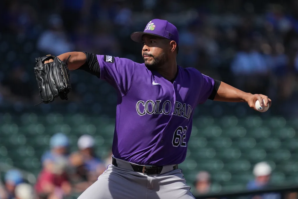 Feb 25, 2026; Mesa, Arizona, USA; Colorado Rockies pitcher Jose Quintana (62) throws against the Chicago Cubs in the first inning at Sloan Park. Mandatory Credit: Rick Scuteri-Imagn Images