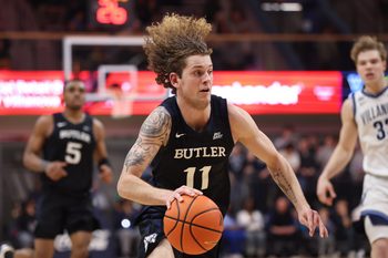 Feb 25, 2026; Villanova, Pennsylvania, USA; Butler Bulldogs guard Finley Bizjack (11) drives against the Villanova Wildcats during the second half at William B. Finneran Pavilion. Mandatory Credit: Bill Streicher-Imagn Images