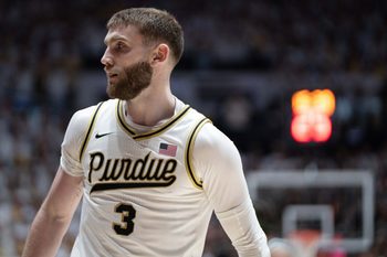 Feb 26, 2026; West Lafayette, Indiana, USA; Purdue Boilermakers guard Braden Smith (3) looks at a referee during the first half of a game against the Michigan State Spartans at Mackey Arena. Mandatory Credit: Jacob Musselman-Imagn Images
