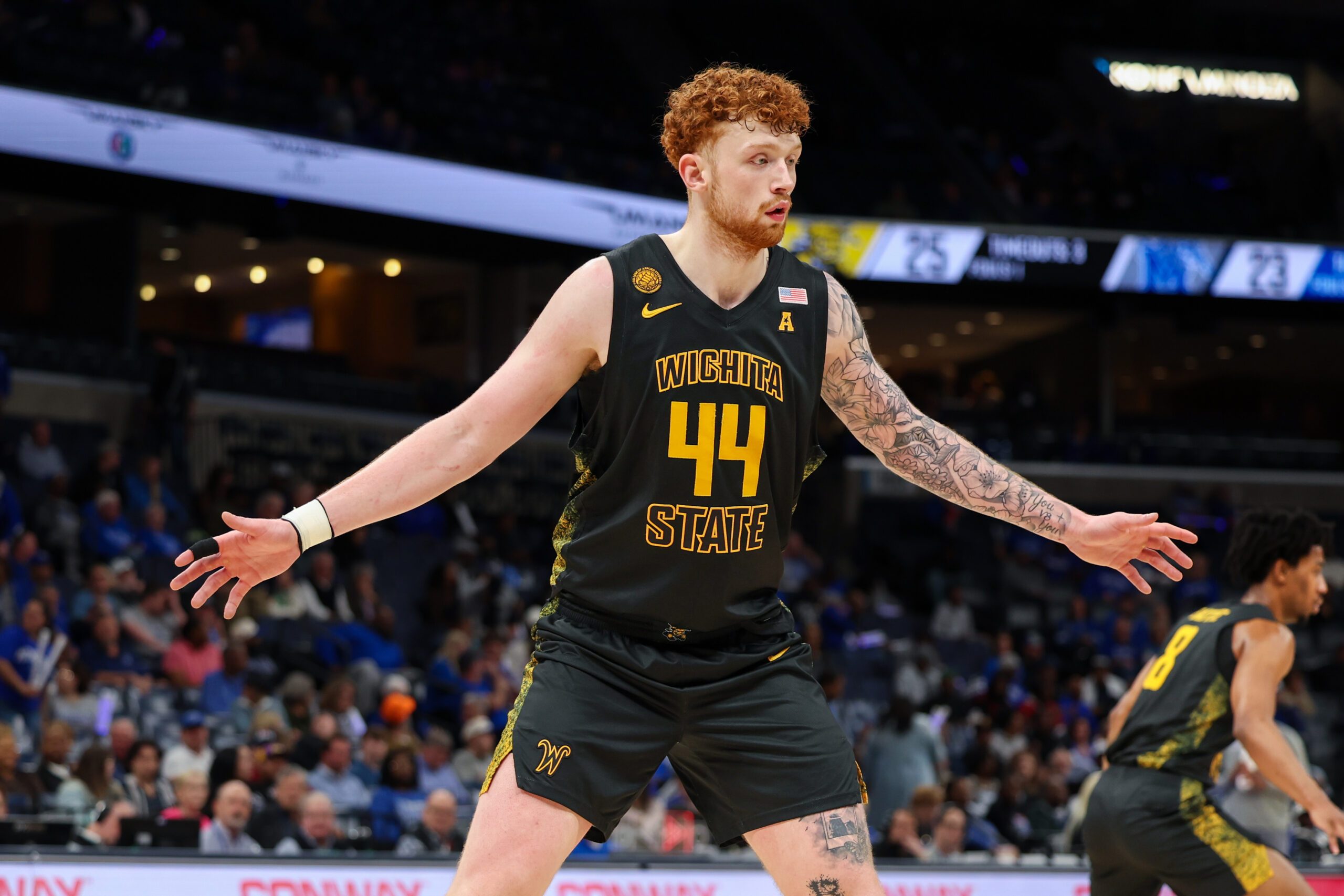 Feb 26, 2026; Memphis, Tennessee, USA; Wichita State Shockers center Will Berg (44) guards against the Memphis Tigers during the first half at FedExForum. Mandatory Credit: Wesley Hale-Imagn Images