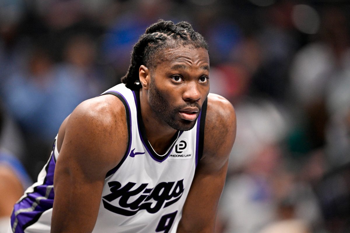 Feb 26, 2026; Dallas, Texas, USA; Sacramento Kings forward Precious Achiuwa (9) looks on during the second half against the Dallas Mavericks at the American Airlines Center. Mandatory Credit: Jerome Miron-Imagn Images