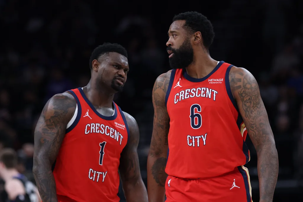 Feb 26, 2026; Salt Lake City, Utah, USA; New Orleans Pelicans forward Zion Williamson (1) and center DeAndre Jordan (6) speak after a play against the Utah Jazz during the second half at Delta Center. Mandatory Credit: Rob Gray-Imagn Images