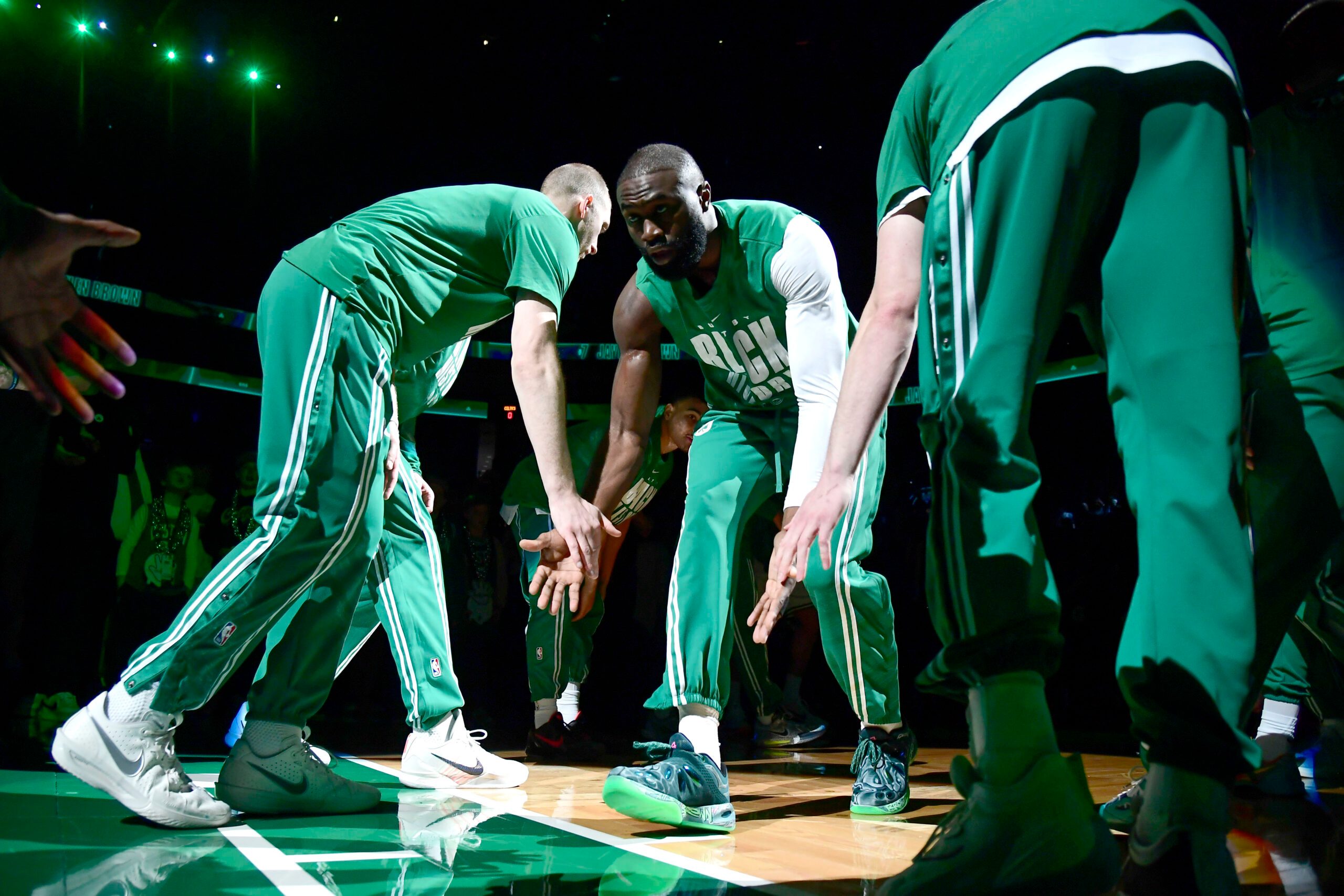 Feb 27, 2026; Boston, Massachusetts, USA; Boston Celtics guard Jaylen Brown (7) is introduced to the crowd prior to a game against the Brooklyn Nets at TD Garden. Mandatory Credit: Bob DeChiara-Imagn Images