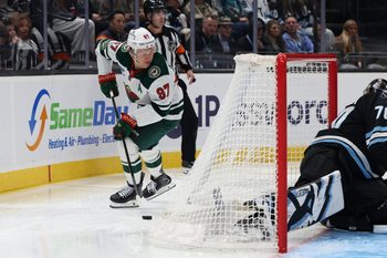 Feb 27, 2026; Salt Lake City, Utah, USA; Minnesota Wild left wing Kirill Kaprizov (97) looks for a play against the Utah Mammoth during the third period at Delta Center. Mandatory Credit: Rob Gray-Imagn Images