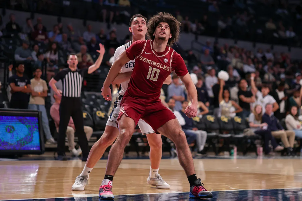 Feb 28, 2026; Atlanta, Georgia, USA; Florida State Seminoles guard Lajae Jones (10) boxs out Georgia Tech Yellow Jackets guard Kam Craft (12) in the second half at McCamish Pavilion. Mandatory Credit: Brett Davis-Imagn Images