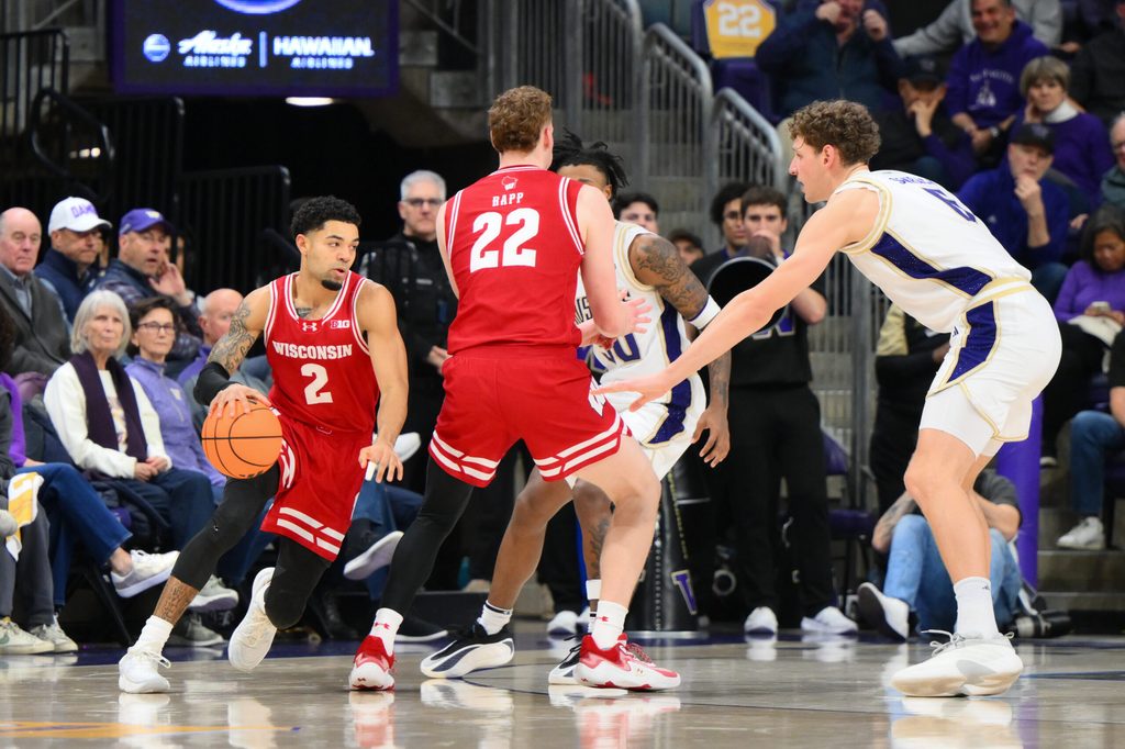 Feb 28, 2026; Seattle, Washington, USA; Wisconsin Badgers guard Nick Boyd (2) dribbles the ball during the first half against the Washington Huskies at Alaska Airlines Arena at Hec Edmundson Pavilion. Mandatory Credit: Steven Bisig-Imagn Images