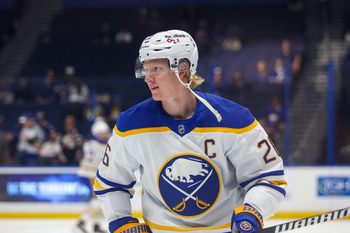 Feb 28, 2026; Tampa, Florida, USA; Buffalo Sabres defenseman Rasmus Dahlin (26) before the game against the Tampa Bay Lightning at Benchmark International Arena. Mandatory Credit: Morgan Tencza-Imagn Images