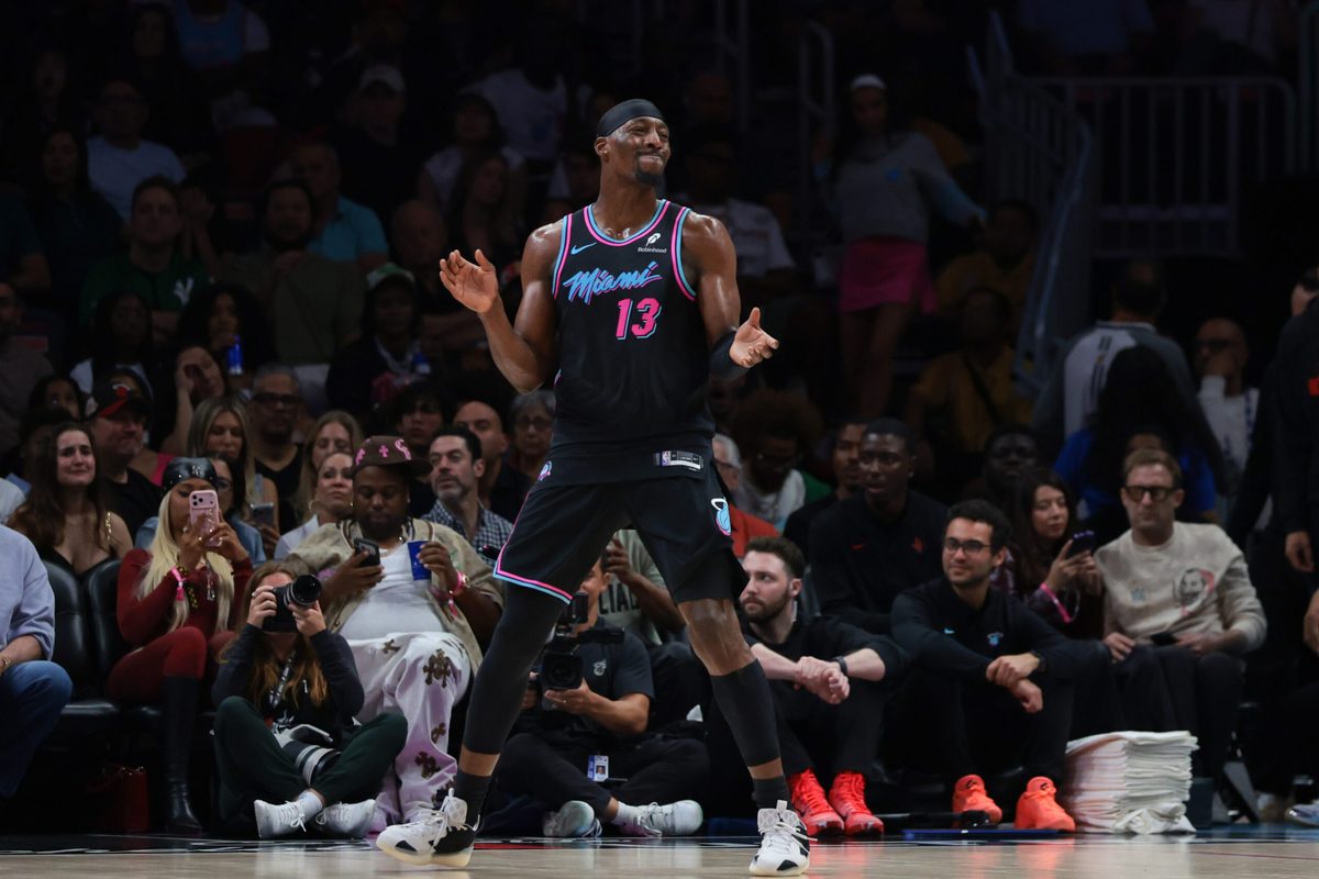 Feb 28, 2026; Miami, Florida, USA; Miami Heat center Bam Adebayo (13) reacts against the Houston Rockets during the second quarter at Kaseya Center. Mandatory Credit: Sam Navarro-Imagn Images