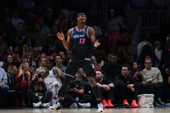 Feb 28, 2026; Miami, Florida, USA; Miami Heat center Bam Adebayo (13) reacts against the Houston Rockets during the second quarter at Kaseya Center. Mandatory Credit: Sam Navarro-Imagn Images