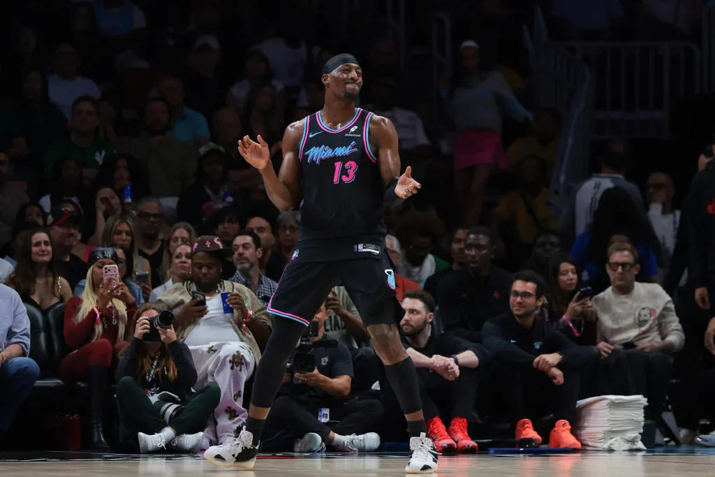 Feb 28, 2026; Miami, Florida, USA; Miami Heat center Bam Adebayo (13) reacts against the Houston Rockets during the second quarter at Kaseya Center. Mandatory Credit: Sam Navarro-Imagn Images