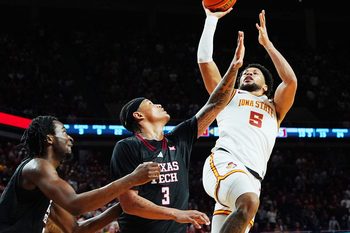 Iowa State Cyclones forward Joshua Jefferson (5) shoots the ball over around Texas Tech Red Raiders forward LeJuan Watts (3) and Texas Tech Red Raiders forward Luke Bamgboye (9) during the second half in the Big-12 conference men’s basketball showdown on Feb. 28, 2026, at Hilton Coliseum in Ames, Iowa.