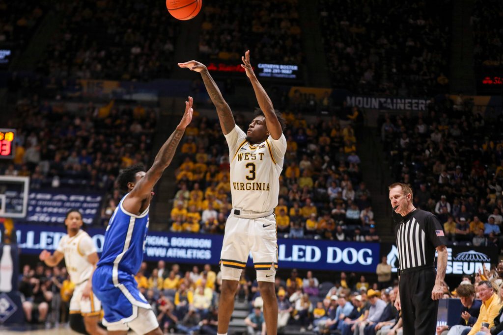Feb 28, 2026; Morgantown, West Virginia, USA; West Virginia Mountaineers guard Honor Huff (3) shoots during the second half against the BYU Cougars at Hope Coliseum. Mandatory Credit: Ben Queen-Imagn Images
