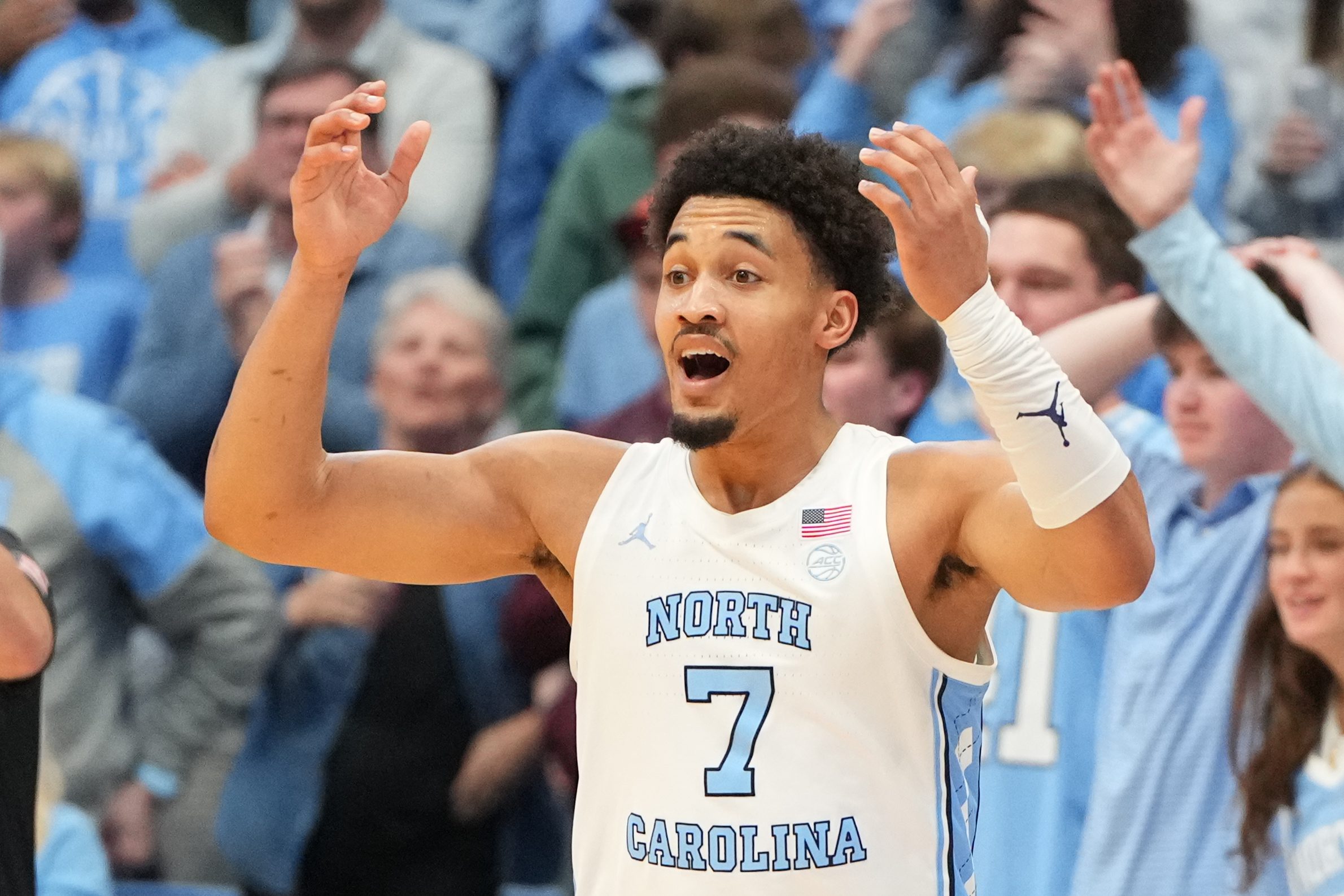 Feb 28, 2026; Chapel Hill, North Carolina, USA; North Carolina Tar Heels guard Seth Trimble (7) reacts in the second half at Dean E. Smith Center. Mandatory Credit: Bob Donnan-Imagn Images