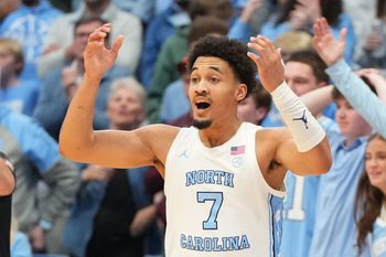 Feb 28, 2026; Chapel Hill, North Carolina, USA; North Carolina Tar Heels guard Seth Trimble (7) reacts in the second half at Dean E. Smith Center. Mandatory Credit: Bob Donnan-Imagn Images