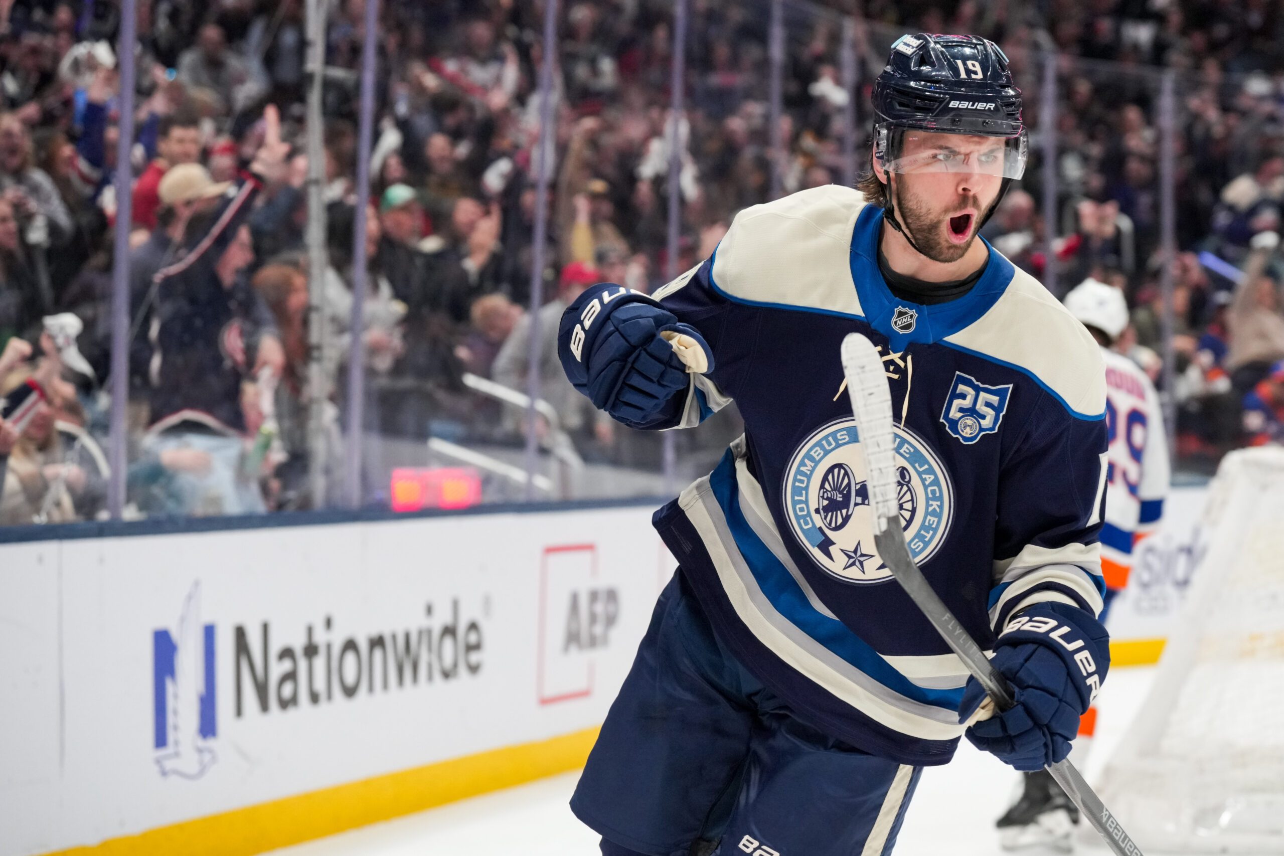 Feb 28, 2026; Columbus, Ohio, USA;  Columbus Blue Jackets center Adam Fantilli (19) celebrates scoring a goal against the New York Islanders in the second period at Nationwide Arena. Mandatory Credit: Aaron Doster-Imagn Images