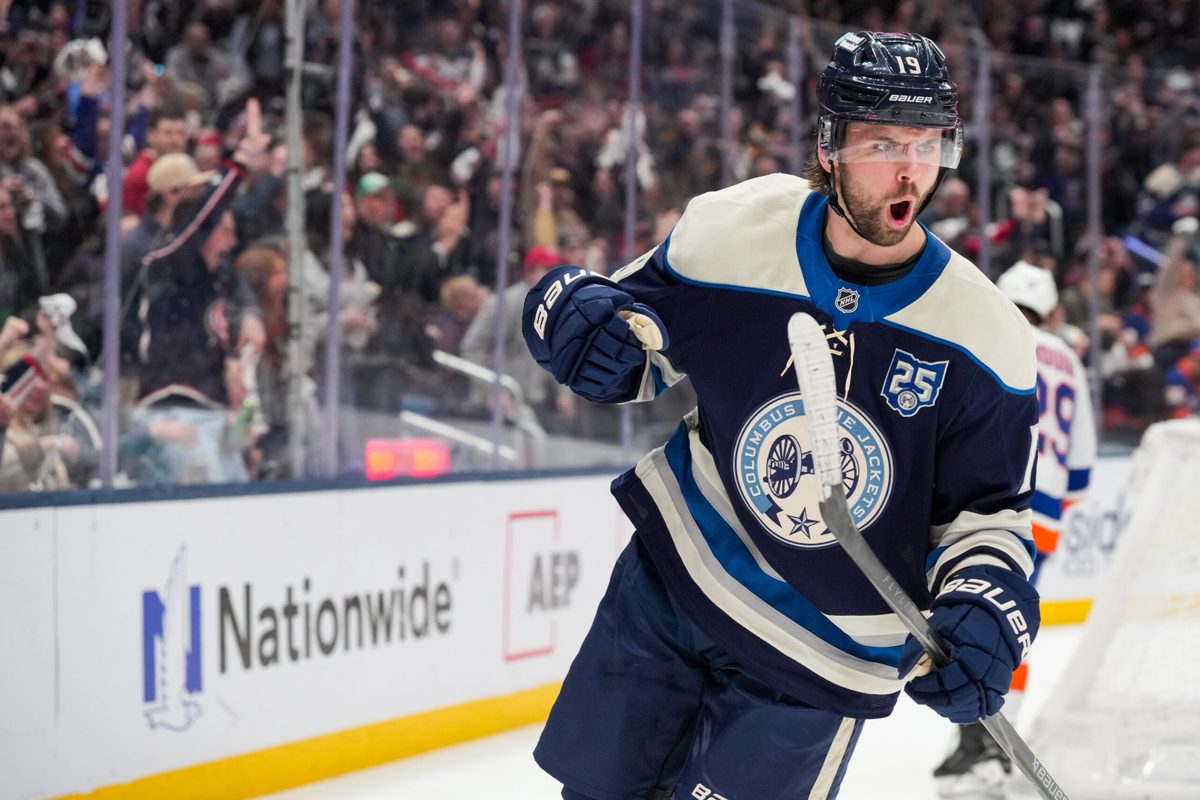 Feb 28, 2026; Columbus, Ohio, USA; Columbus Blue Jackets center Adam Fantilli (19) celebrates scoring a goal against the New York Islanders in the second period at Nationwide Arena. Mandatory Credit: Aaron Doster-Imagn Images