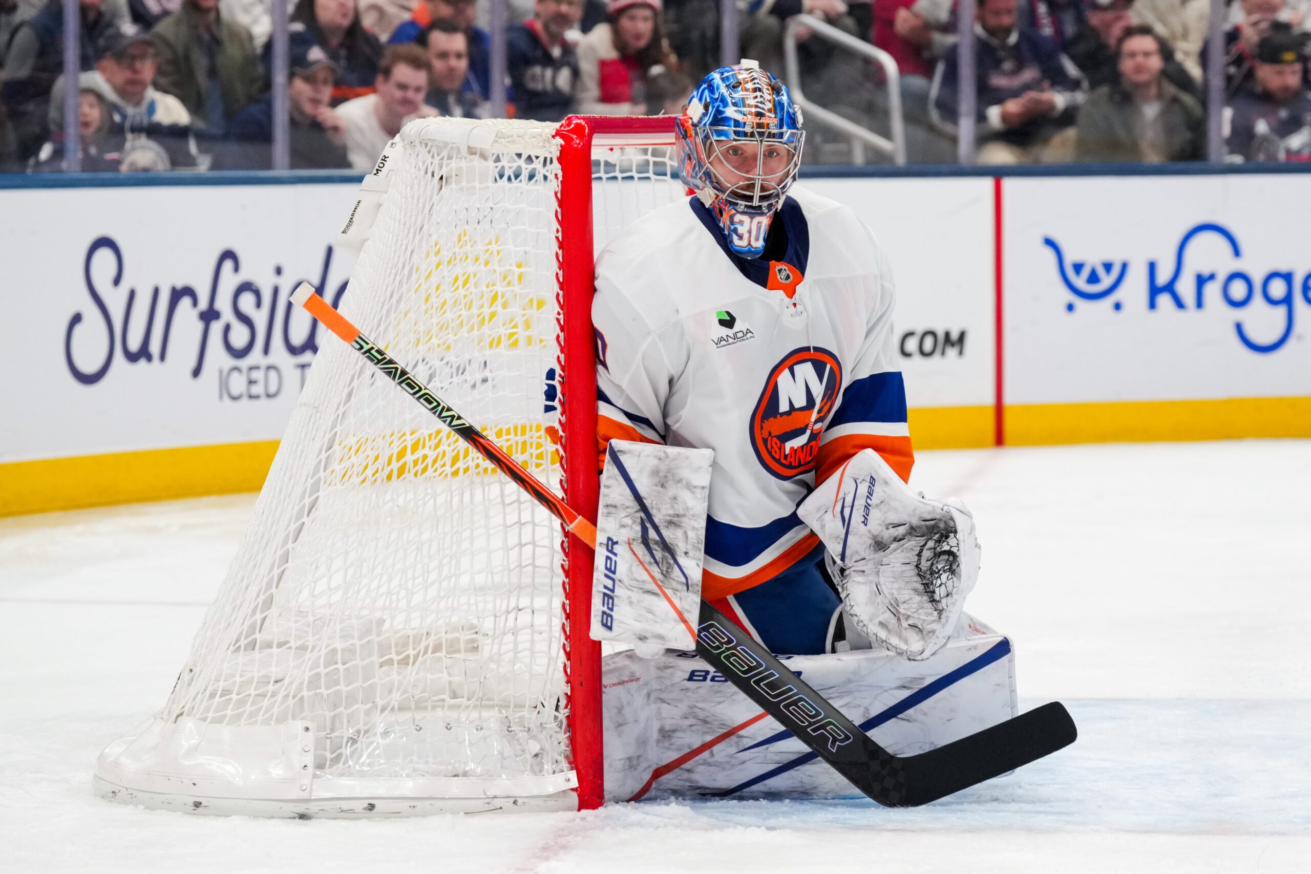 Feb 28, 2026; Columbus, Ohio, USA;  New York Islanders goaltender Ilya Sorokin (30) defends the net against the Columbus Blue Jackets in the second period at Nationwide Arena. Mandatory Credit: Aaron Doster-Imagn Images