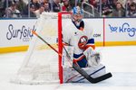 Feb 28, 2026; Columbus, Ohio, USA;  New York Islanders goaltender Ilya Sorokin (30) defends the net against the Columbus Blue Jackets in the second period at Nationwide Arena. Mandatory Credit: Aaron Doster-Imagn Images