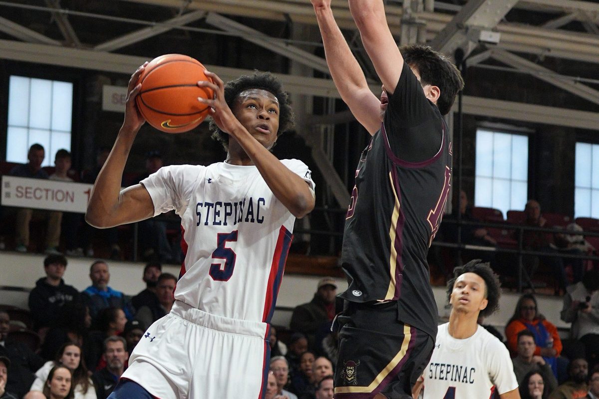 Stepinac’s Hassan Koureissi (5) during game against Iona during CHSAA AA quarterfinal at Fordham University in the Bronx March 1, 2026. Stepinac won the game 67-51.
