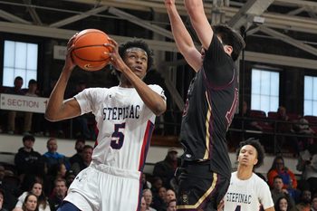 Stepinac’s Hassan Koureissi (5) during game against Iona during CHSAA AA quarterfinal at Fordham University in the Bronx March 1, 2026. Stepinac won the game 67-51.