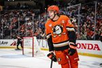 Mar 1, 2026; Anaheim, California, USA; Anaheim Ducks center Leo Carlsson (91) during the second period in the match against the Calgary Flames at Honda Center. Mandatory Credit: Corinne Votaw-Imagn Images