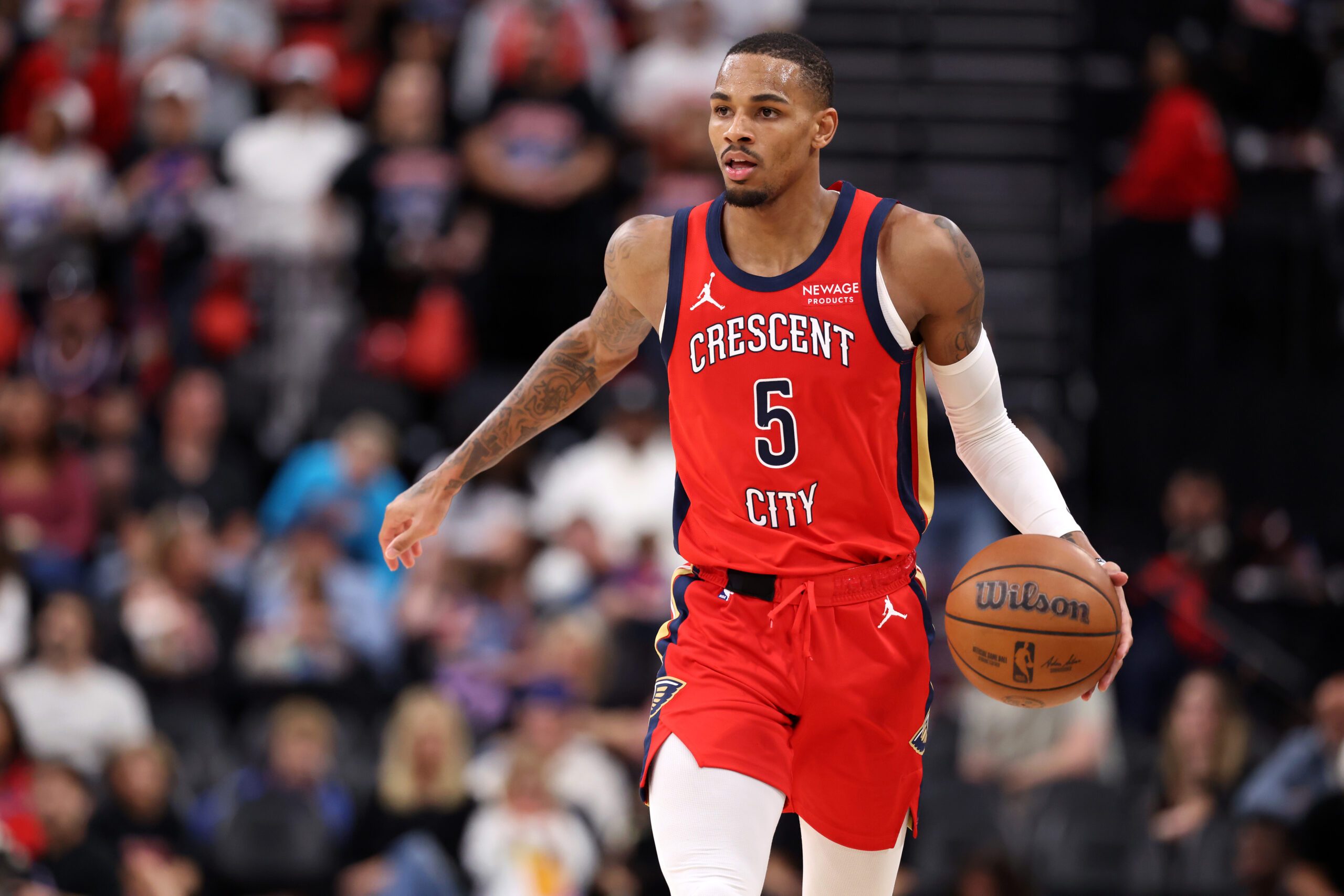 Mar 1, 2026; Inglewood, California, USA;  New Orleans Pelicans guard Dejounte Murray (5) dribbles the ball during the second half against the Los Angeles Clippers at Intuit Dome. Mandatory Credit: Kiyoshi Mio-Imagn Images