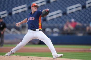 Mar 2, 2026; West Palm Beach, Florida, USA;  Houston Astros pitcher Hunter Brown (58) pitches in the first inning against the Washington Nationals at CACTI Park of the Palm Beaches. Mandatory Credit: Jim Rassol-Imagn Images