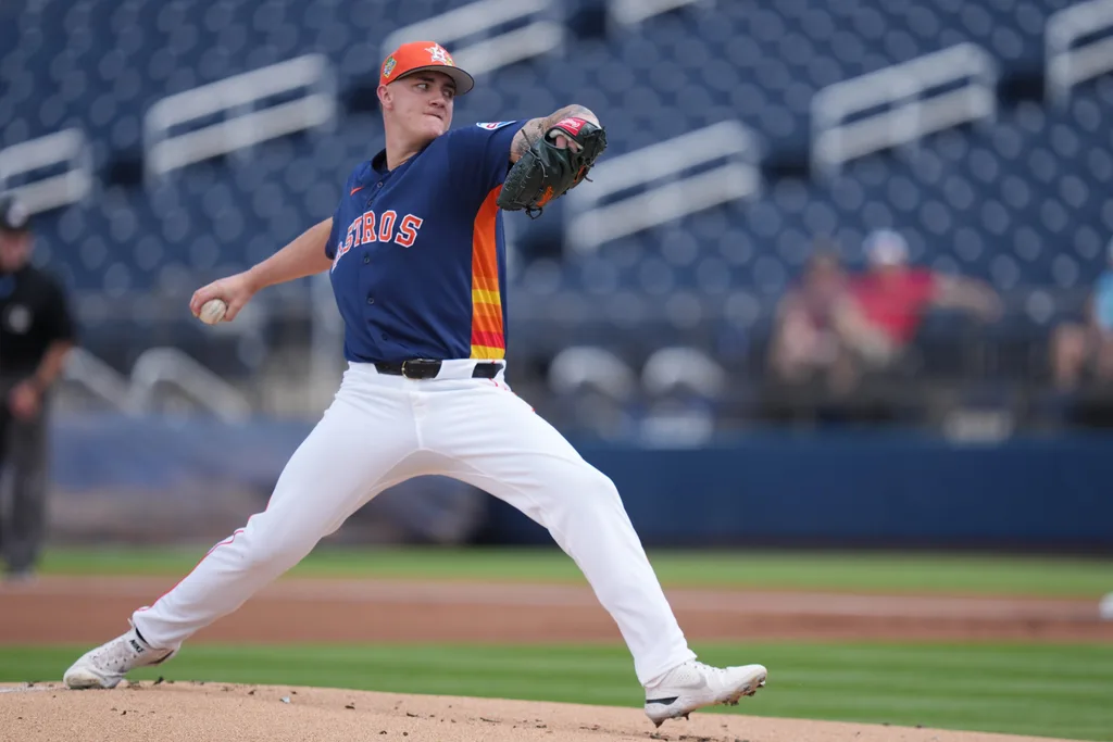 Mar 2, 2026; West Palm Beach, Florida, USA; Houston Astros pitcher Hunter Brown (58) pitches in the first inning against the Washington Nationals at CACTI Park of the Palm Beaches. Mandatory Credit: Jim Rassol-Imagn Images