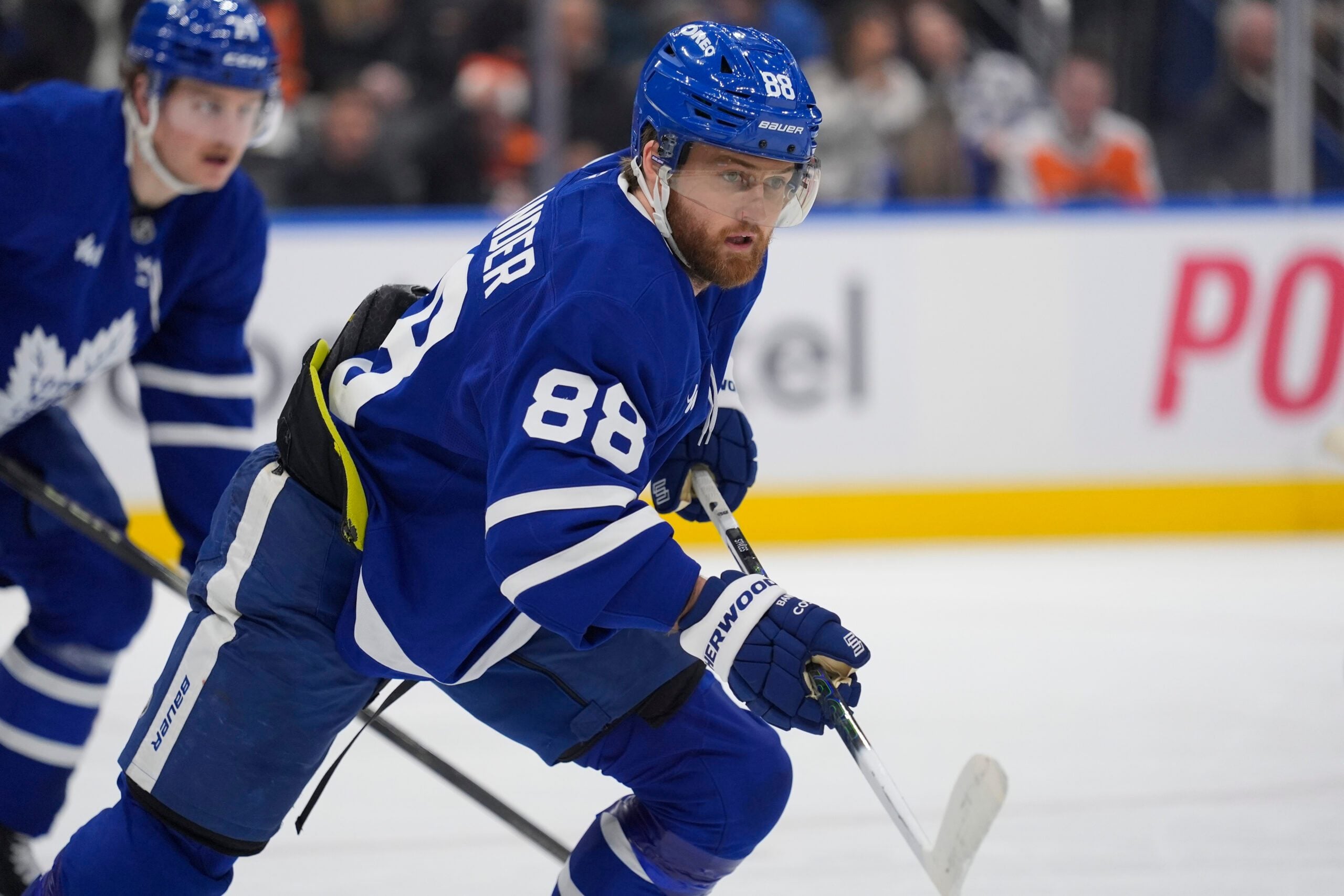Mar 2, 2026; Toronto, Ontario, CAN; Toronto Maple Leafs forward William Nylander (88) breaks on a face off against the Philadelphia Flyers during the second period at Scotiabank Arena. Mandatory Credit: John E. Sokolowski-Imagn Images