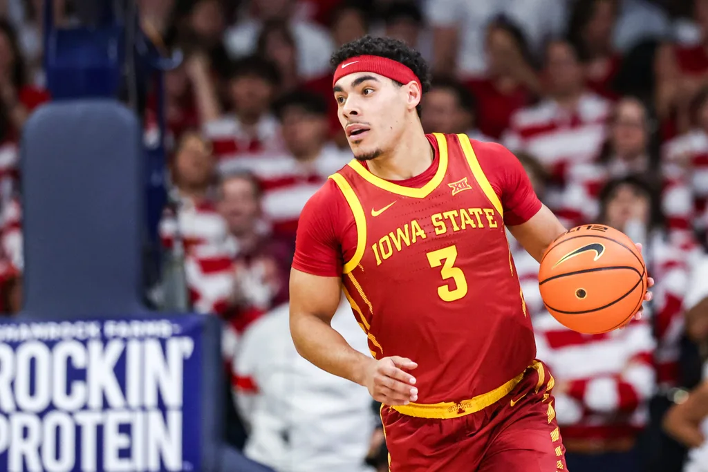 Mar 2, 2026; Tucson, Arizona, USA; Iowa State Cyclones guard Tamin Lipsey (3) dribbles the ball during the first half of the game against the Arizona Wildcats at McKale Memorial Center. Mandatory Credit: Aryanna Frank-Imagn Images