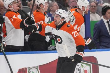 Mar 2, 2026; Toronto, Ontario, CAN; Philadelphia Flyers forward Noah Cates (27) celebrates after scoring against the Toronto Maple Leafs during the third period at Scotiabank Arena. Mandatory Credit: John E. Sokolowski-Imagn Images