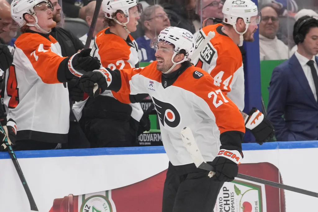 Mar 2, 2026; Toronto, Ontario, CAN; Philadelphia Flyers forward Noah Cates (27) celebrates after scoring against the Toronto Maple Leafs during the third period at Scotiabank Arena. Mandatory Credit: John E. Sokolowski-Imagn Images