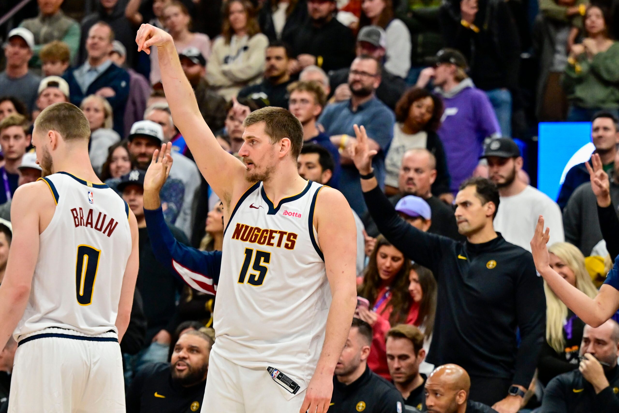 Mar 2, 2026; Salt Lake City, Utah, USA; Denver Nuggets center Nikola Jokić (15) reacts for being fouled outside the three-point line during the second half against the Utah Jazz at Delta Center. Mandatory Credit: Peter Creveling-Imagn Images