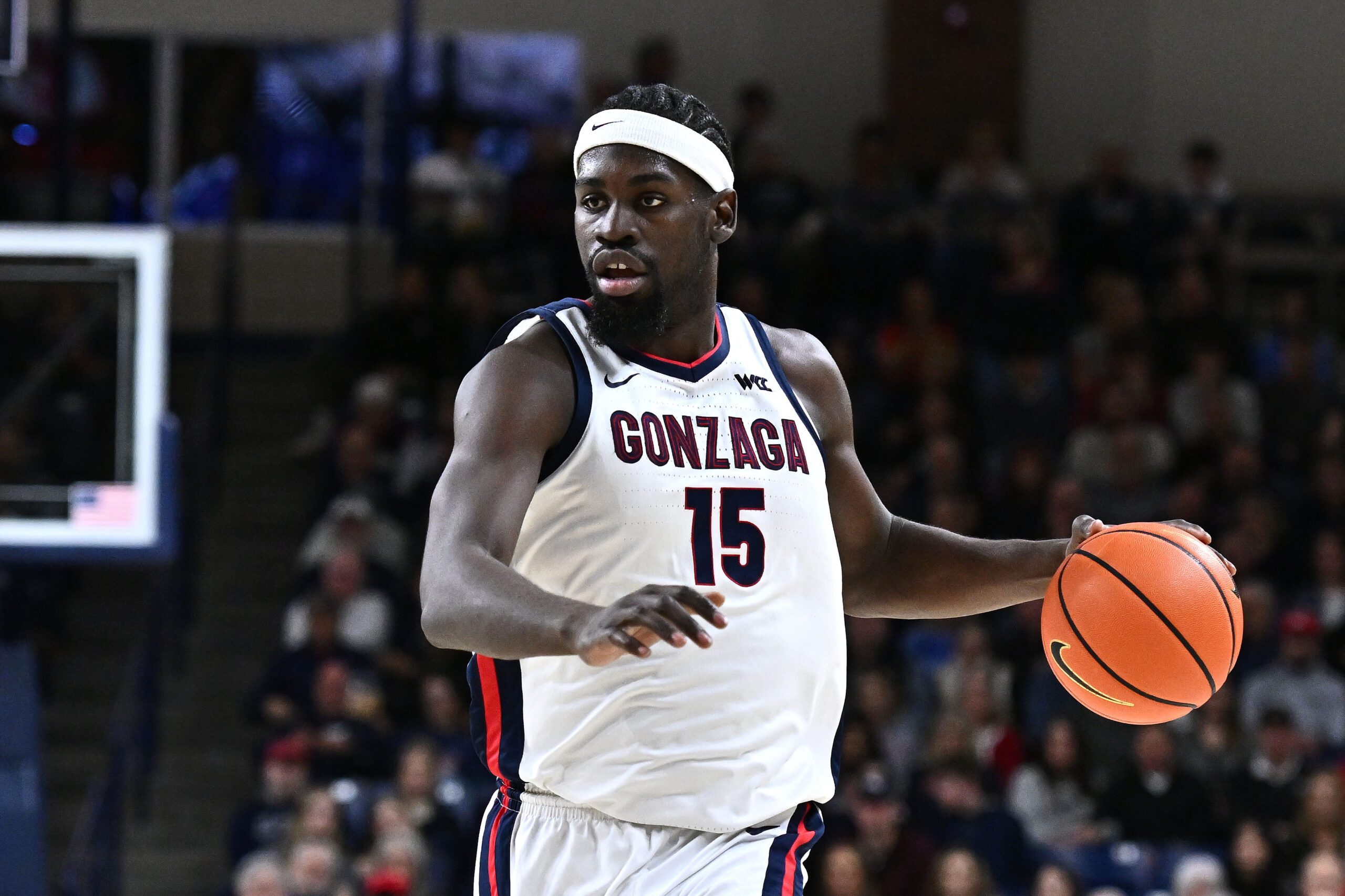 Feb 25, 2026; Spokane, Washington, USA; Gonzaga Bulldogs forward Graham Ike (15) controls the ball against the Portland Pilots in the first half at McCarthey Athletic Center. Mandatory Credit: James Snook-Imagn Images