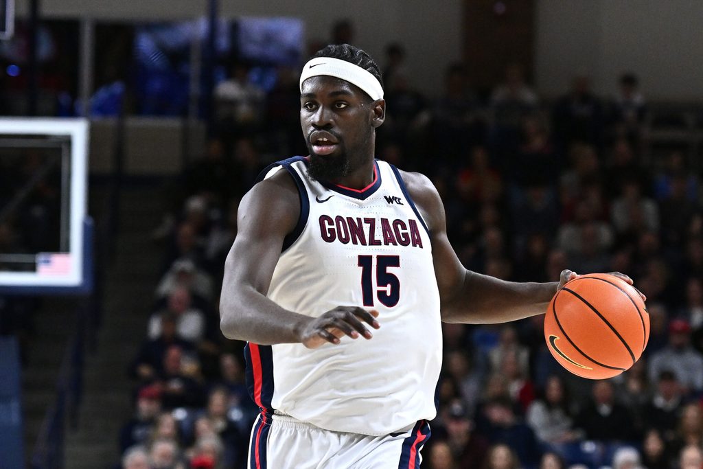 Feb 25, 2026; Spokane, Washington, USA; Gonzaga Bulldogs forward Graham Ike (15) controls the ball against the Portland Pilots in the first half at McCarthey Athletic Center. Mandatory Credit: James Snook-Imagn Images