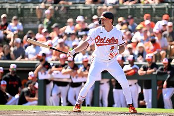 Feb 20, 2026; Sarasota, Florida, USA;  Baltimore Orioles shortstop Gunnar Henderson (2) bats in the first inning against the New York Yankees during spring training at Ed Smith Stadium. Mandatory Credit: Jonathan Dyer-Imagn Images