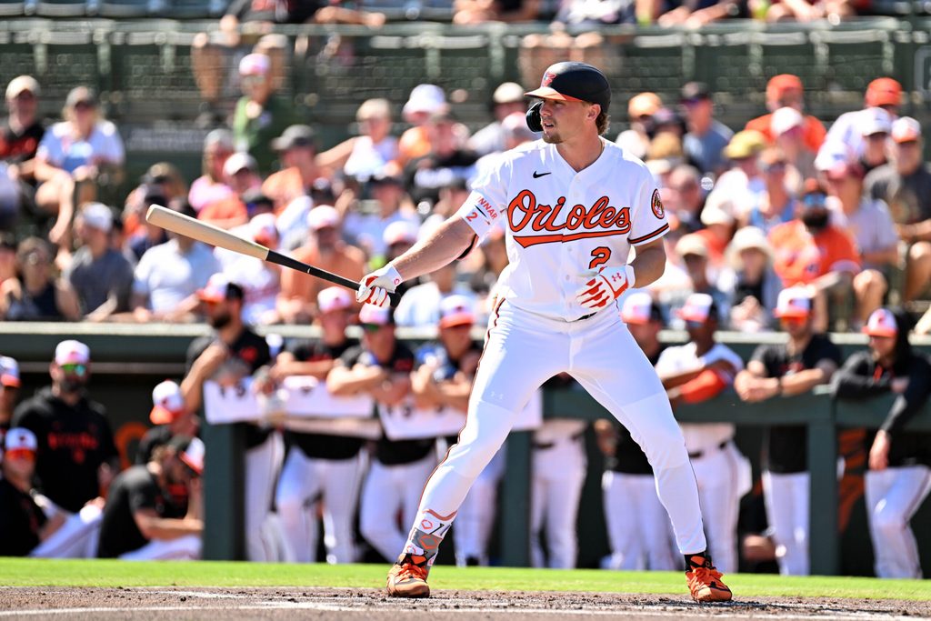 Feb 20, 2026; Sarasota, Florida, USA; Baltimore Orioles shortstop Gunnar Henderson (2) bats in the first inning against the New York Yankees during spring training at Ed Smith Stadium. Mandatory Credit: Jonathan Dyer-Imagn Images