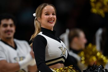 Feb 25, 2026; Nashville, Tennessee, USA;  Vanderbilt Commodores cheerleader against the Georgia Bulldogs during the first half at Memorial Gymnasium. Mandatory Credit: Steve Roberts-Imagn Images