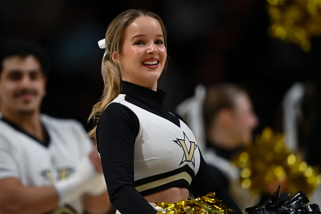 Feb 25, 2026; Nashville, Tennessee, USA; Vanderbilt Commodores cheerleader against the Georgia Bulldogs during the first half at Memorial Gymnasium. Mandatory Credit: Steve Roberts-Imagn Images