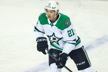 Mar 3, 2026; Calgary, Alberta, CAN; Dallas Stars left wing Jason Robertson (21) skates during the warmup period against the Calgary Flames at Scotiabank Saddledome. Mandatory Credit: Sergei Belski-Imagn Images