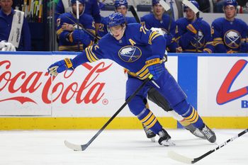 Mar 3, 2026; Buffalo, New York, USA;  Buffalo Sabres center Tage Thompson (72) controls the puck during the second period against the Vegas Golden Knights at KeyBank Center. Mandatory Credit: Timothy T. Ludwig-Imagn Images