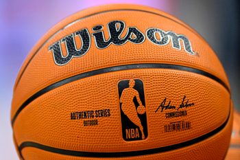 Mar 3, 2026; Cleveland, Ohio, USA; A general view of an NBA basketball in the third quarter of a game between the Detroit Pistons and the Cleveland Cavaliers at Rocket Arena. Mandatory Credit: David Richard-Imagn Images