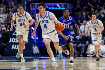 Xavier Musketeers forward Filip Borovicanin (4) leads the offense down court in the second half of the NCAA Big East conference basketball game between the Xavier Musketeers and the Seton Hall Pirates at the Cintas Center in Cincinnati on Tuesday, March 3, 2026. Xavier lost 77-68.